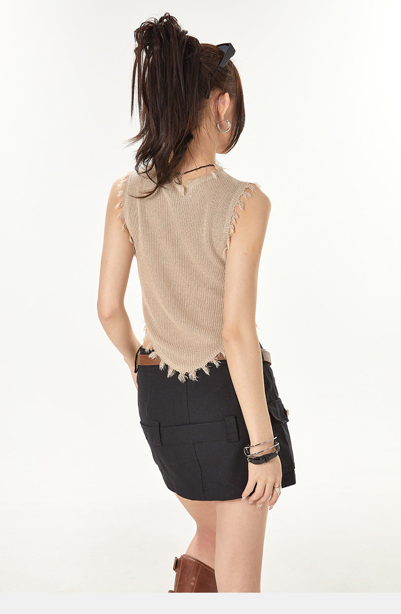Vintage street Style Irregular Knitted Sleeveless T Shirts