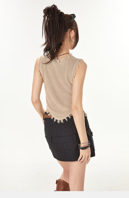 Vintage street Style Irregular Knitted Sleeveless T Shirts