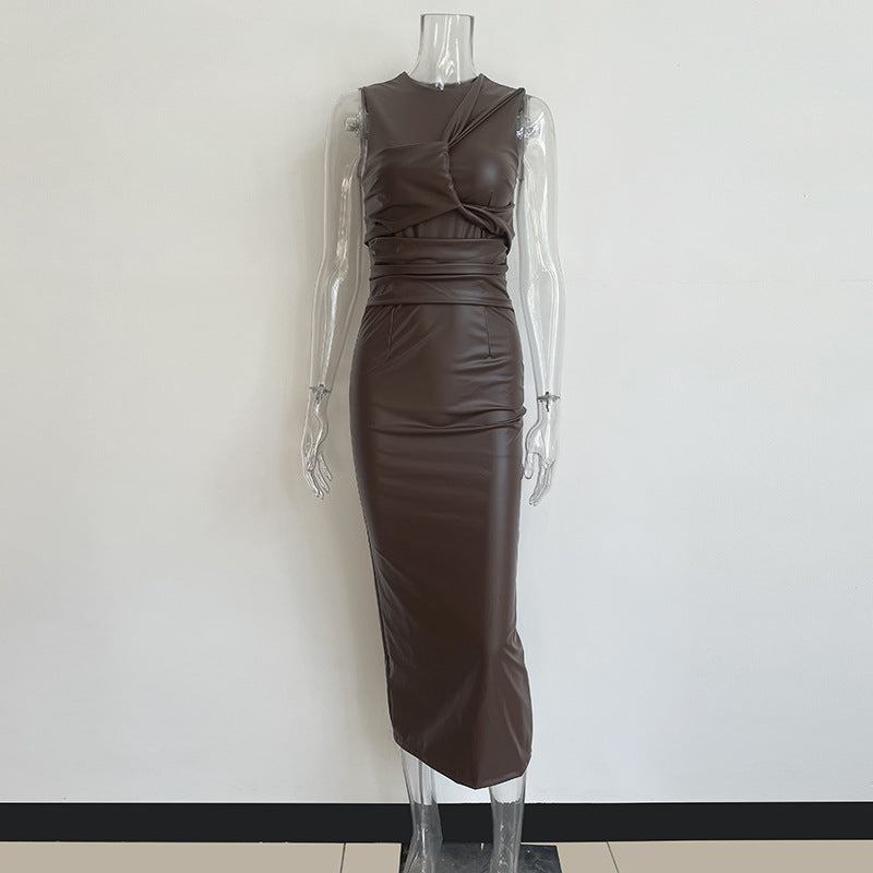 Vintage Irregular PU Leather Sleeveless Long Dresses