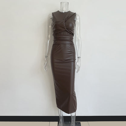 Vintage Irregular PU Leather Sleeveless Long Dresses