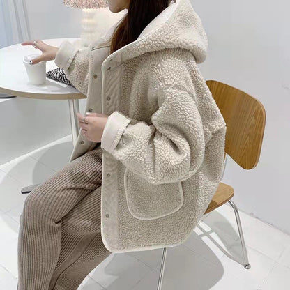 Fashion Women Lamb Wool Thickened Hooded Coats