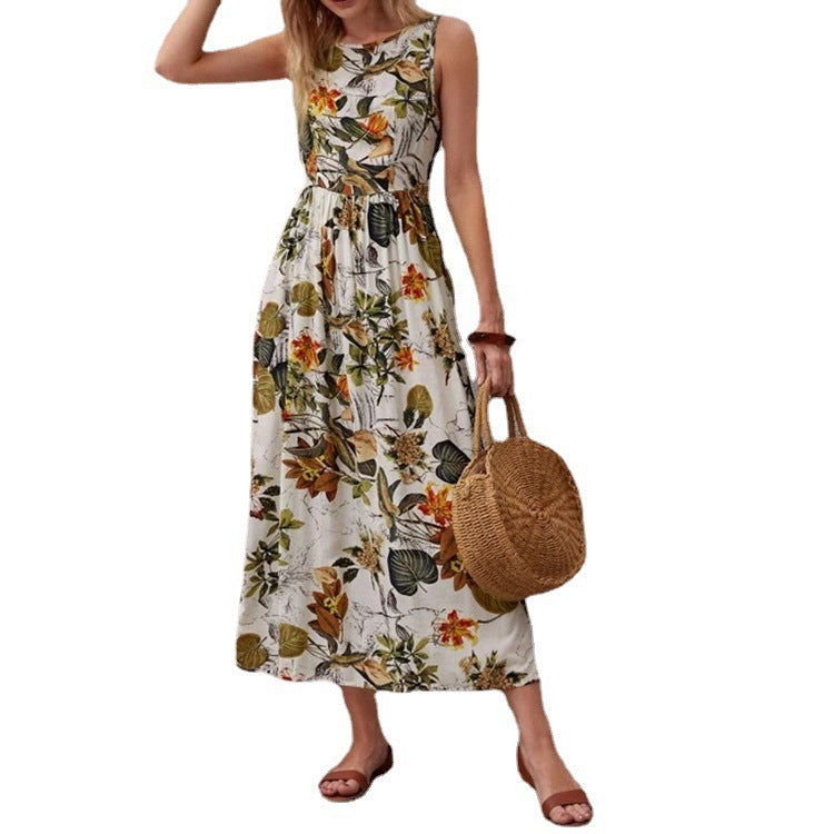 Fashion Floral Print Sleeveless Summer Long Dresses