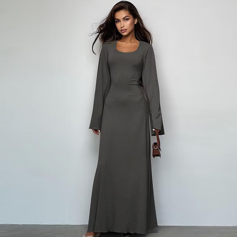 Sexy U Neck Back Lace Up Long Sleeves Dresses