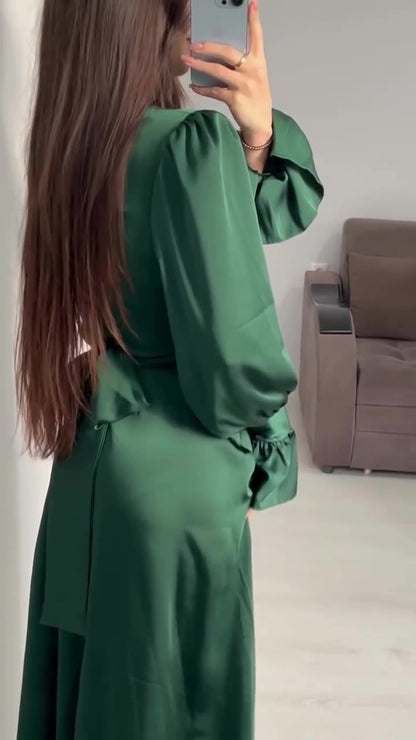 Elegant Long-sleeved Waist-tied Puff-sleeved  Women Dresses