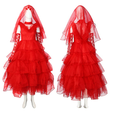 Halloween Beetle Juice Lydia Red Wedding Dress Cosplay Costume Suit