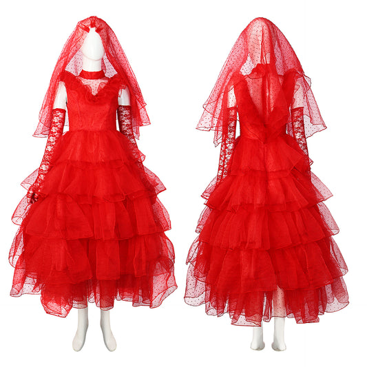 Halloween Beetle Juice Lydia Red Wedding Dress Cosplay Costume Suit