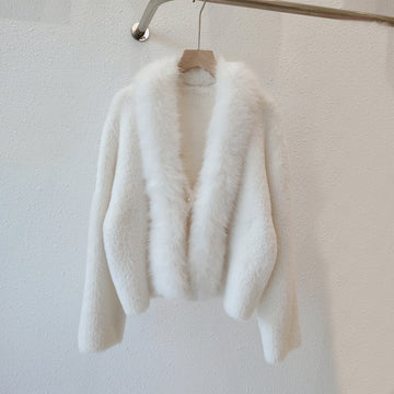 White Fox Fur Neck Short Knitted Jackets for Women