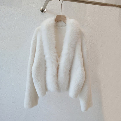 White Fox Fur Neck Short Knitted Jackets for Women