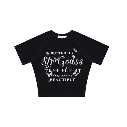 Vintage Butterfly Print Midriff Baring Short Sleeves T Shirts