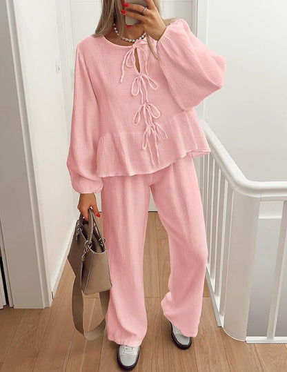 Casual Women Long Sleeves V Neck Shirts and Pants Suits