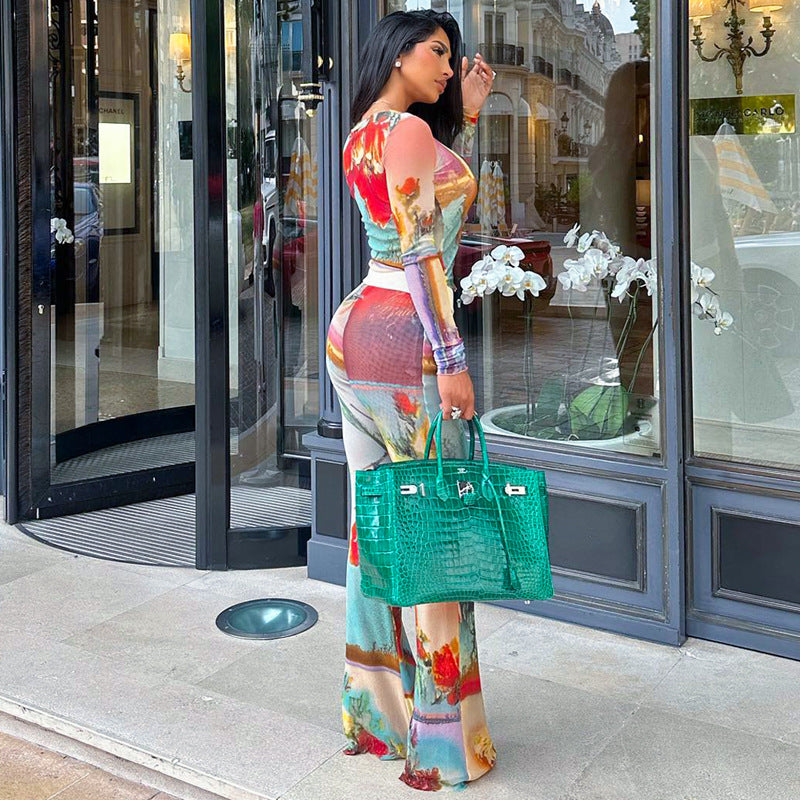Fashion Women Floral Print Two Pieces Suits