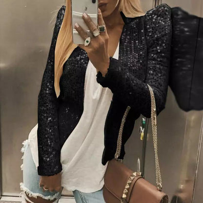 Fashion Stand Collar Sequined Short Coats for Women