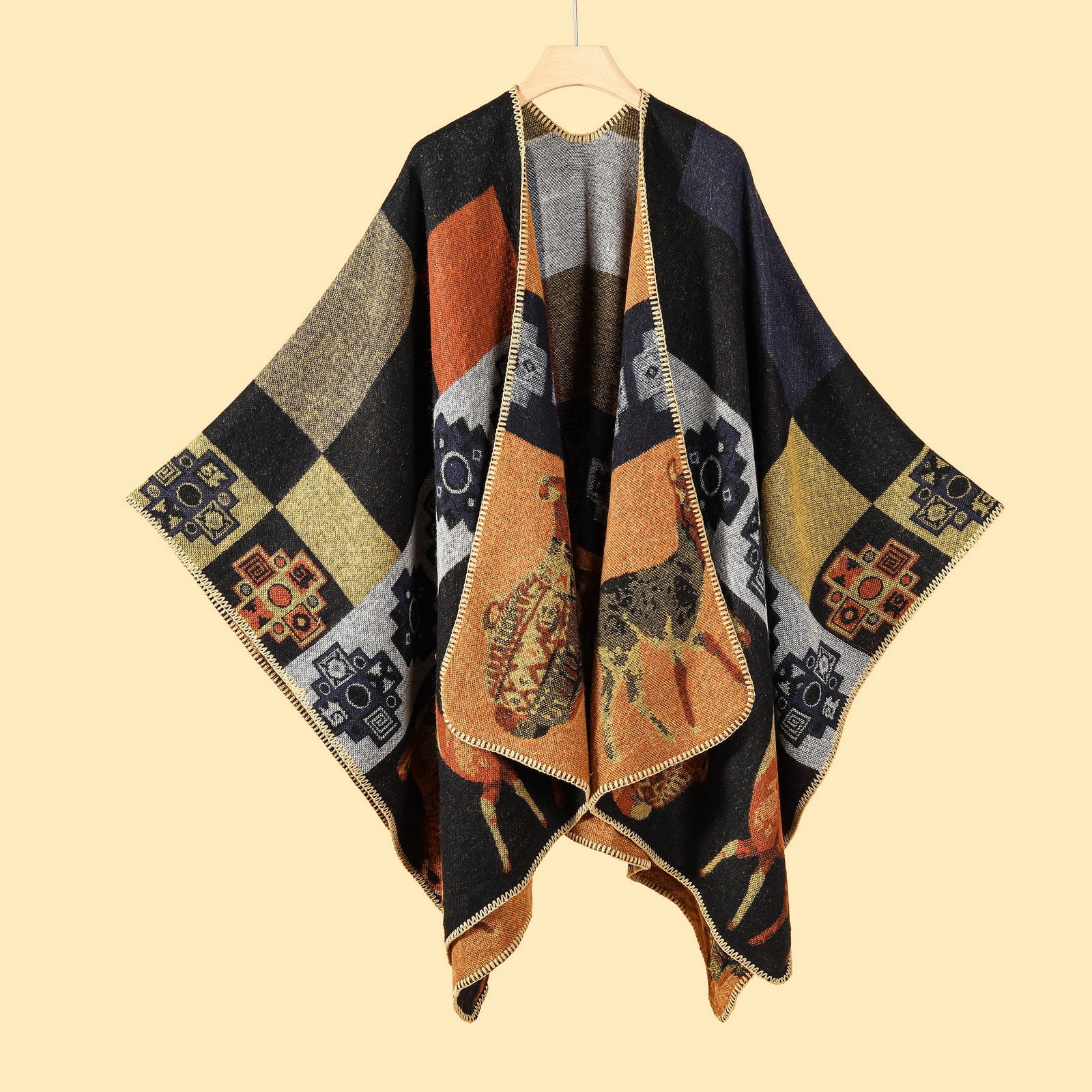 Women Literary Faux Wool Knitted Scarf Split Cloak for Traveling