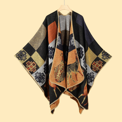 Women Literary Faux Wool Knitted Scarf Split Cloak for Traveling