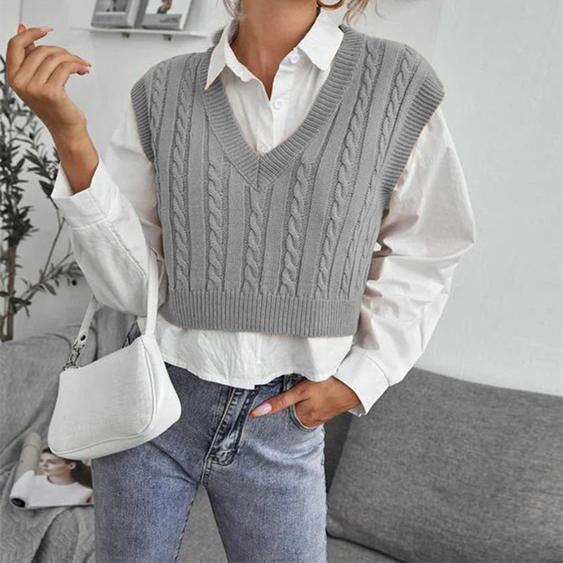Casual V Neck Sleeveless Knitted Vest