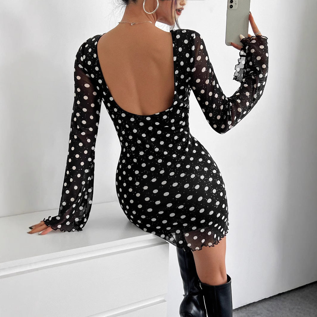 Elegant Women's Mesh Polka Dot Printing Round Neck Backless Long-sleeves Dresses