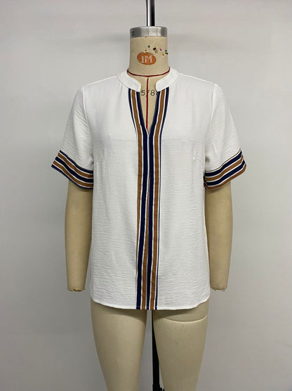 Casual Summer Striped V Neck Short Sleeves Blouses Shirts
