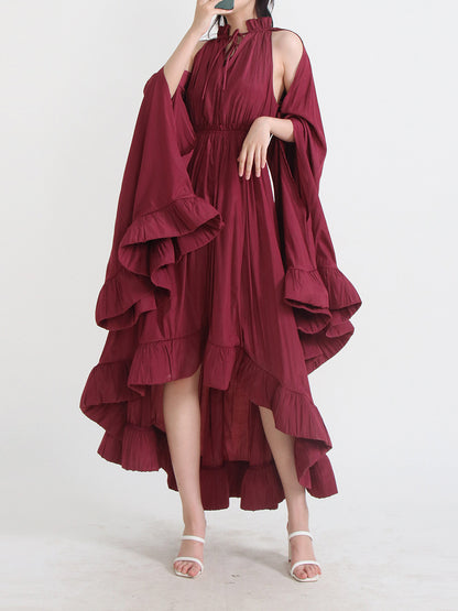 Designed V Neck Ruffled Long Sleeves Cloak Dresses