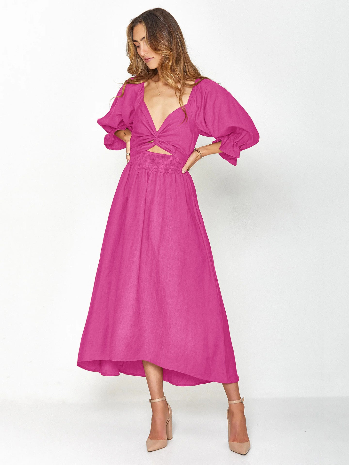 Summer High Waist Long Sleeves Double Sides Midi Dresses