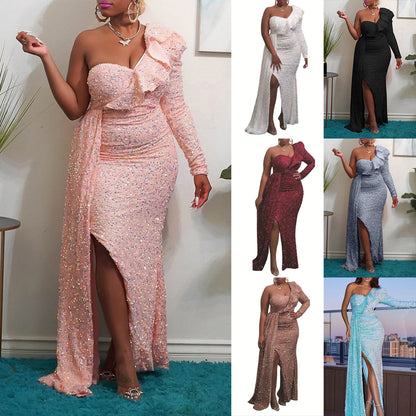 Sexy Sequined One Shoulder Long Party Dresses