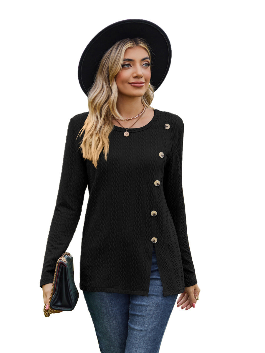Fashion Round Neckline Button Long Sleeves Shirts