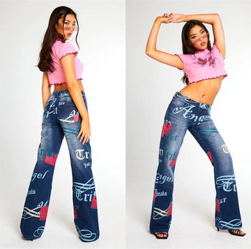 Casual Letter Print High Waist Pants