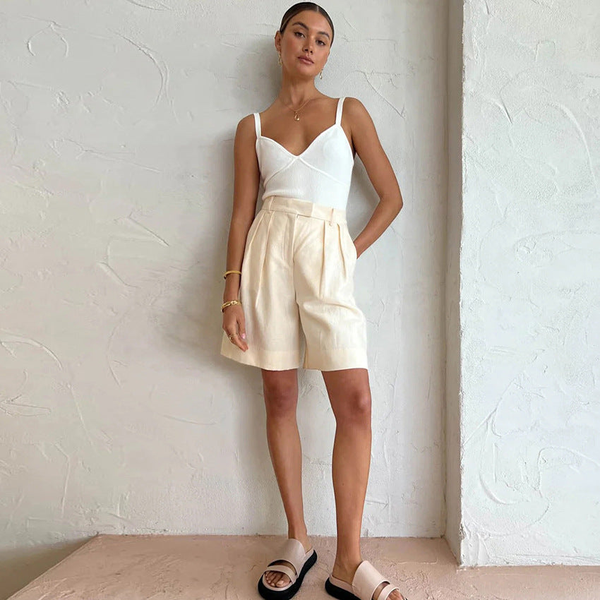 Ivory Cotton Linen Sleeveless Vest and Shorts Suits