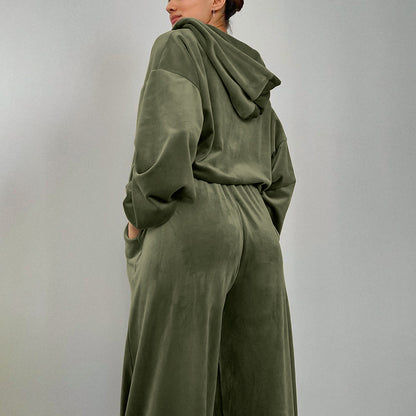Casual Fashion Pleuch Hoodies & High Waist Pants Women Outfit Sets