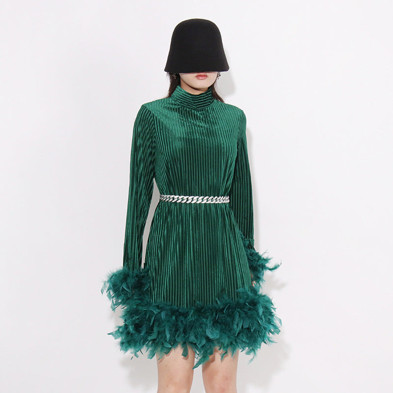 Vintage Feather Design Long Sleeves Short Dresses