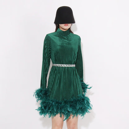 Vintage Feather Design Long Sleeves Short Dresses