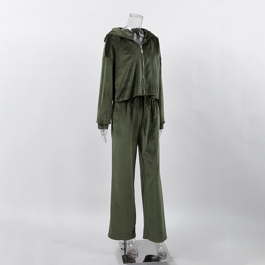 Casual Fashion Pleuch Hoodies & High Waist Pants Women Outfit Sets
