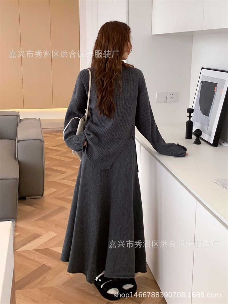Casual Round Neck Knitted Sweaters & Split Front Skirts