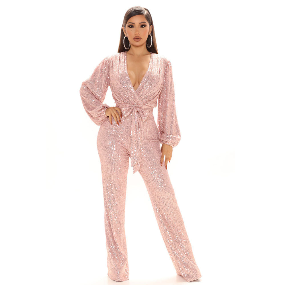 Fashion Sequined V Neck Long Sleeves Tops and Pants