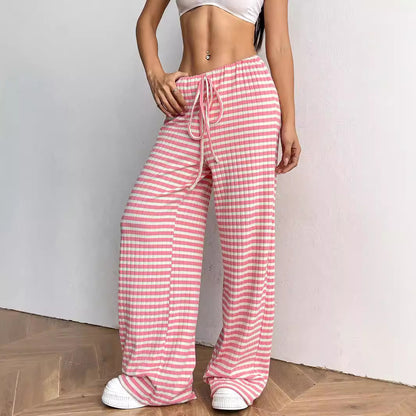 Casual Women Striped Solid Color Pull Rope Cotton Straight Pants