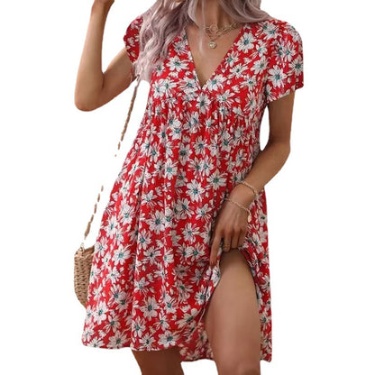 Casual V Neck High Waist Short Sleeves Summer Dresses