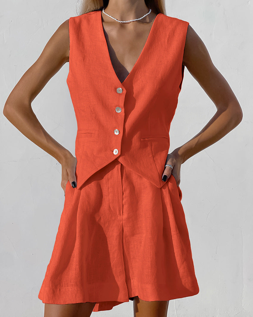 Designed Linen Cotton Summer Sleeveless Tops and Shorts Sets