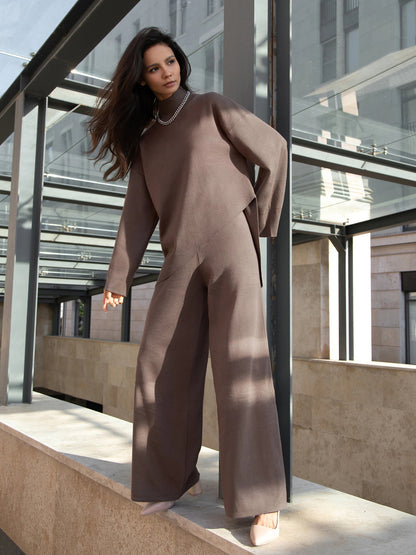 Casual Irregular Pullover Sweaters and Wide Legs Pants Outfits Sets