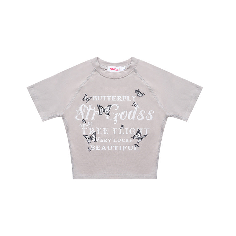 Vintage Butterfly Print Midriff Baring Short Sleeves T Shirts