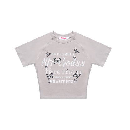 Vintage Butterfly Print Midriff Baring Short Sleeves T Shirts