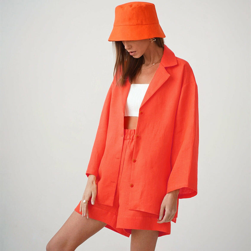 Summer Cotton Long Sleeves Shirts and Shorts Suits