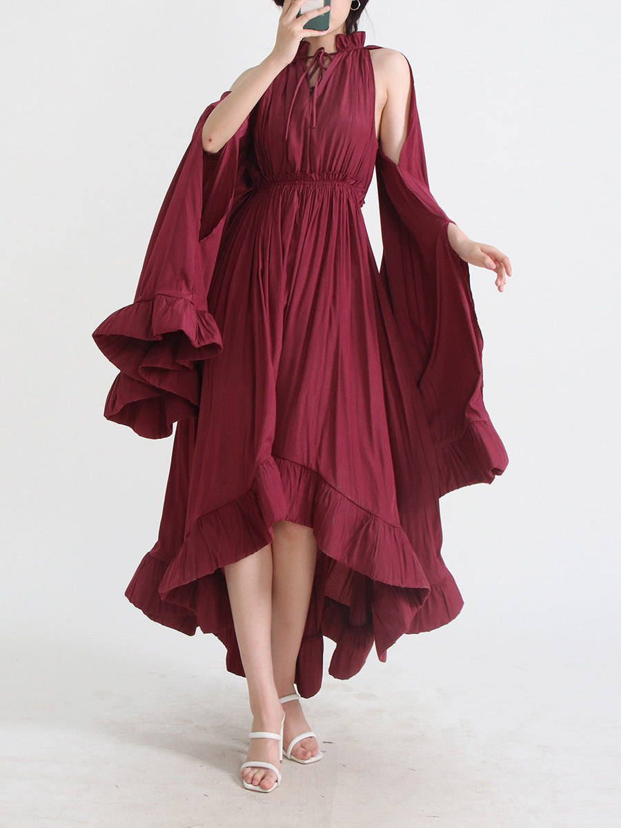 Designed V Neck Ruffled Long Sleeves Cloak Dresses