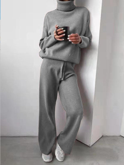 Casual High Neck Two Pieces Knitted Tops & Wide Legs Pants