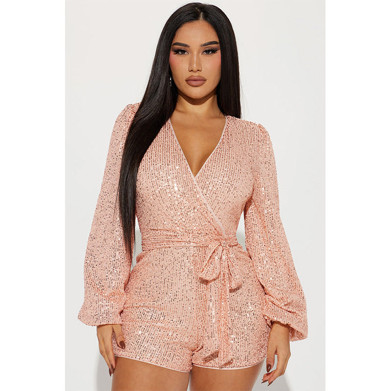 Sexy V Neck Sequined Long Sleeves Short Jumpsuit