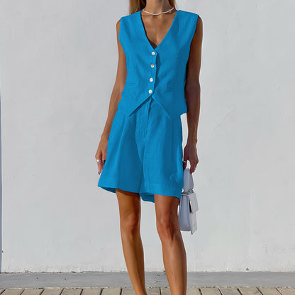 Designed Linen Cotton Summer Sleeveless Tops and Shorts Sets