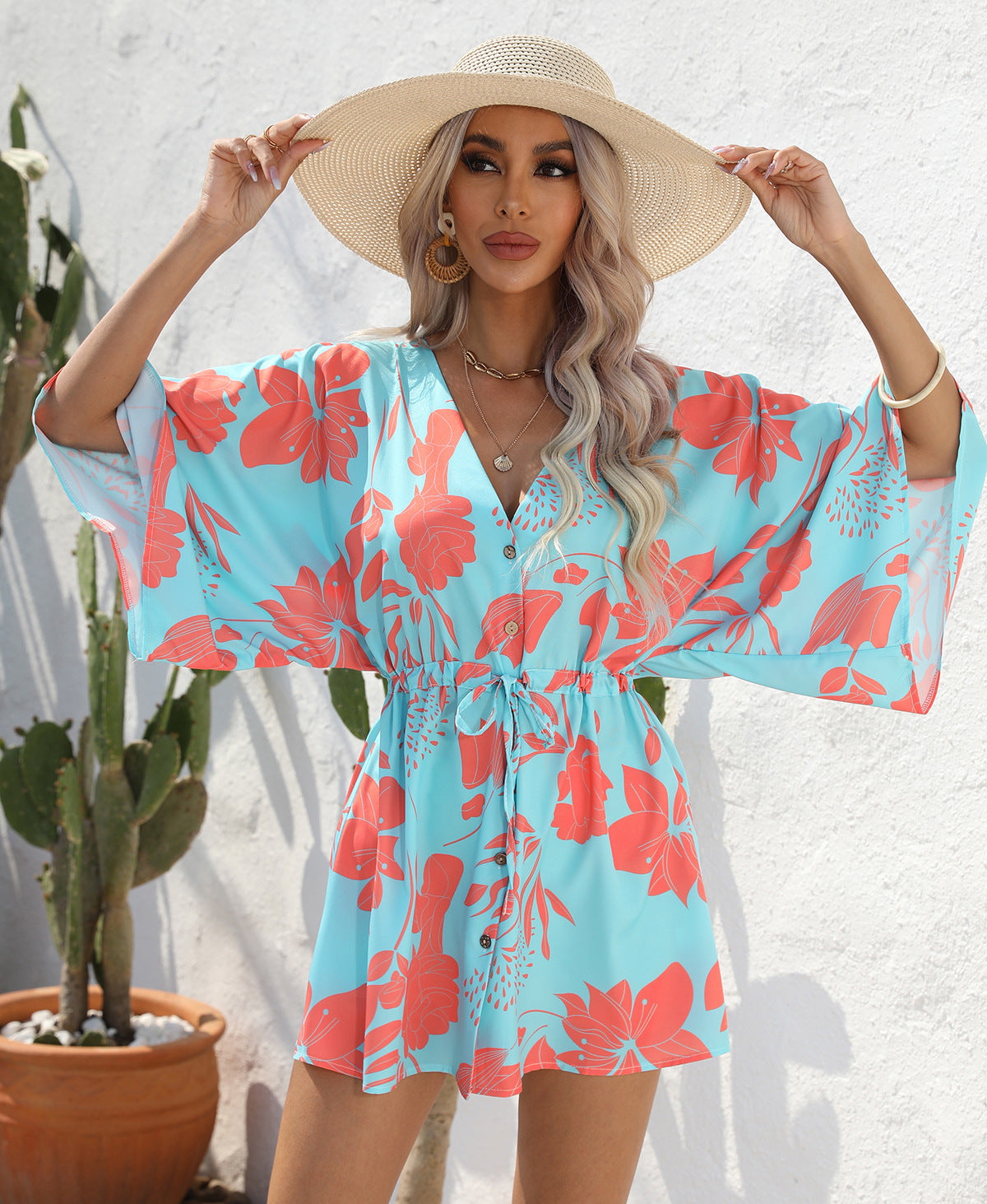 Casual Summer Leaf Print Half Sleeves Mini Dresses