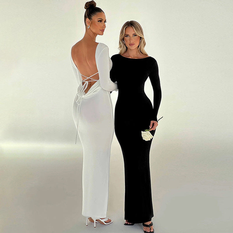 Sexy Backless Lace Up Long Sleeves Dresses