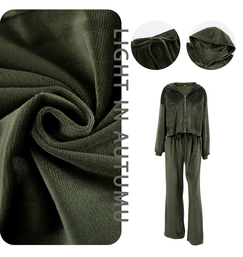 Casual Fashion Pleuch Hoodies & High Waist Pants Women Outfit Sets