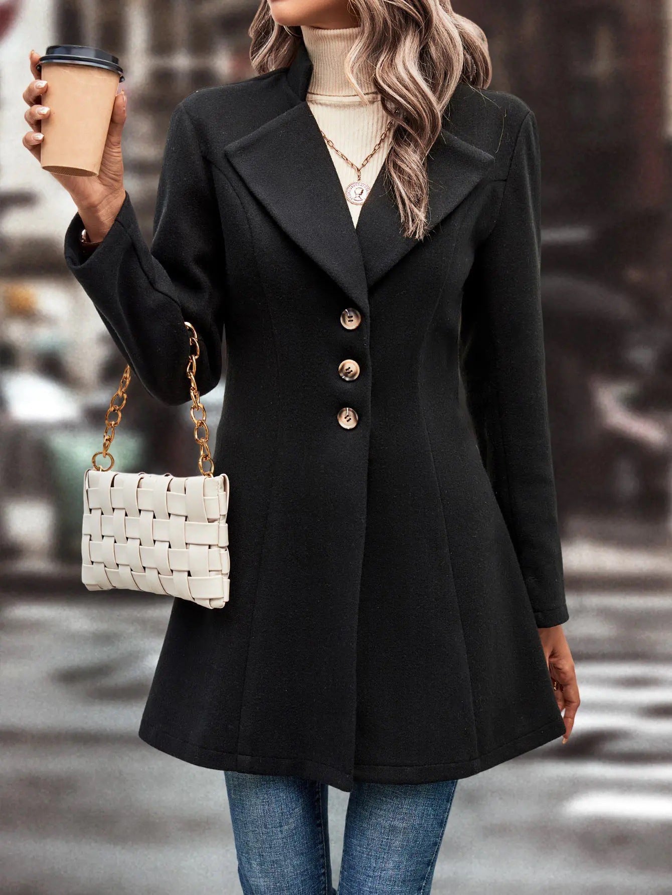 Women's Autumn and Winter Lapel Slim Woolen Solid Color Coat