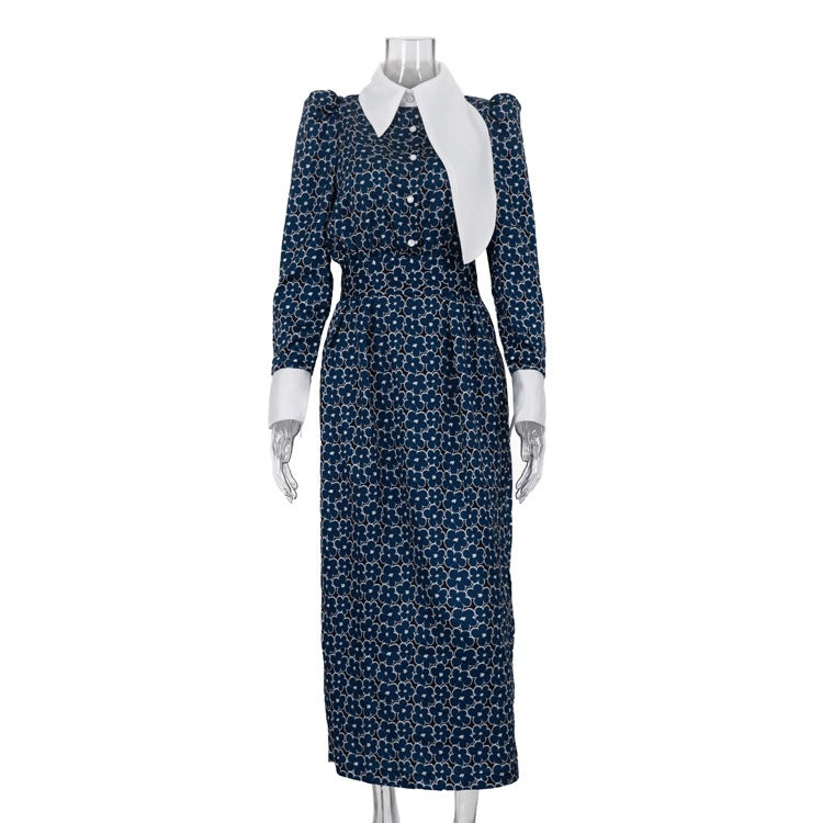 Designer Print Lapel Collar Bodycon Maxi Dress