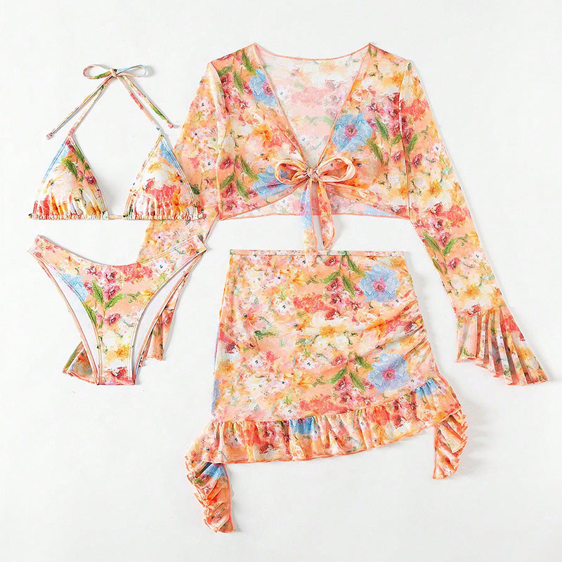Fashion Floral Print 4pcs Beach Swimwear